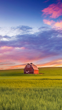 Red barn in Washington field at sunset