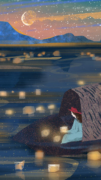 Girl in Boat with River Lamps