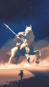 A Girl Walking on Desert to the Giant Horseman-Shaped Storm