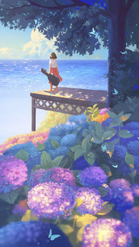 Girl with Cello Standing by Sea