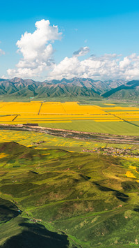 Aerial photography of rapeseed fields at the foot of the Qil