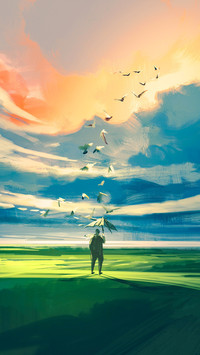 The Man With An Umbrella Stands Alone on The Grassland
