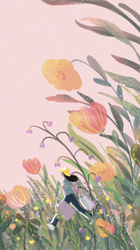 Girl Runs in Flower Field