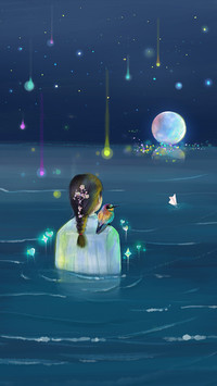 Girl Standing in Water with Moon