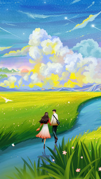 Lovers Holding Hands on The Beautiful Grassland