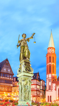 old town with the Justitia statue in Frankfurt, Germany