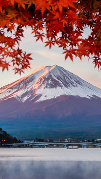 Mount Fuji Morning Mist and Red Maple Trees