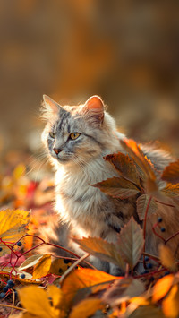 Photo of a fluffy domestic cat in the autumn forest