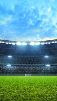 Empty nobody soccer stadium field with blue sky