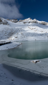The frozen lake is still as a mirror, looking afar.