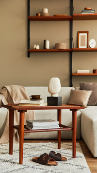 Living Room with Wooden Coffee Table and Beige Sofa