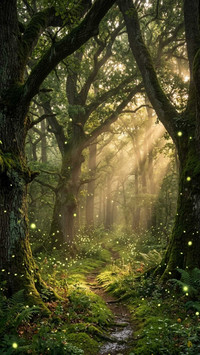 Mystical Forest Path  with tress and natural freshness