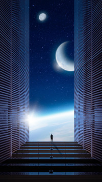 Science fiction moon one person starry sky