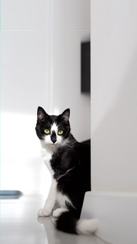 Black and white cat sitting near a white wall