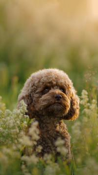 Miniature chocolate poodle on the grass