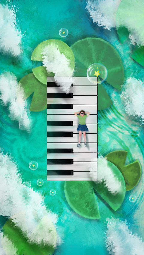 Girl by the lakeside, piano keys gazing at the sky preview