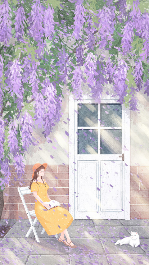 The girl is sitting under the flower tree and reading a preview