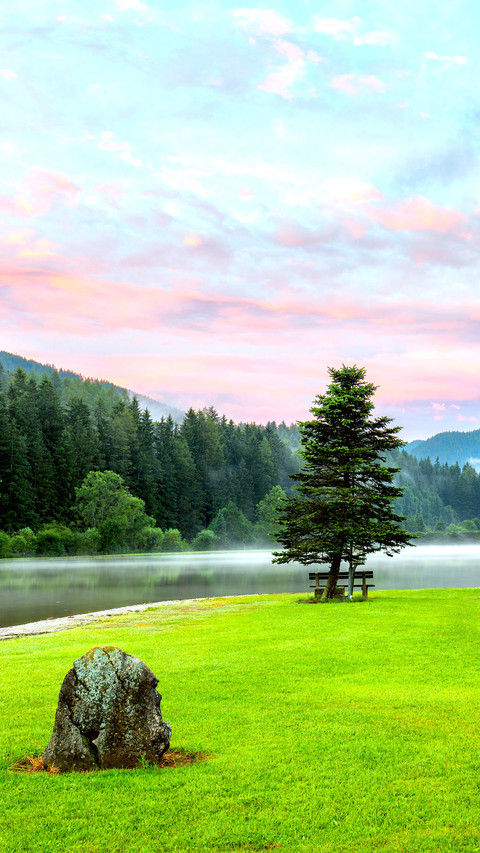 Summer Fresh Sunrise on lake with colorful clouds preview