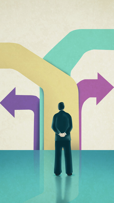 Man facing flat colored arrows pointing towards different  directions preview