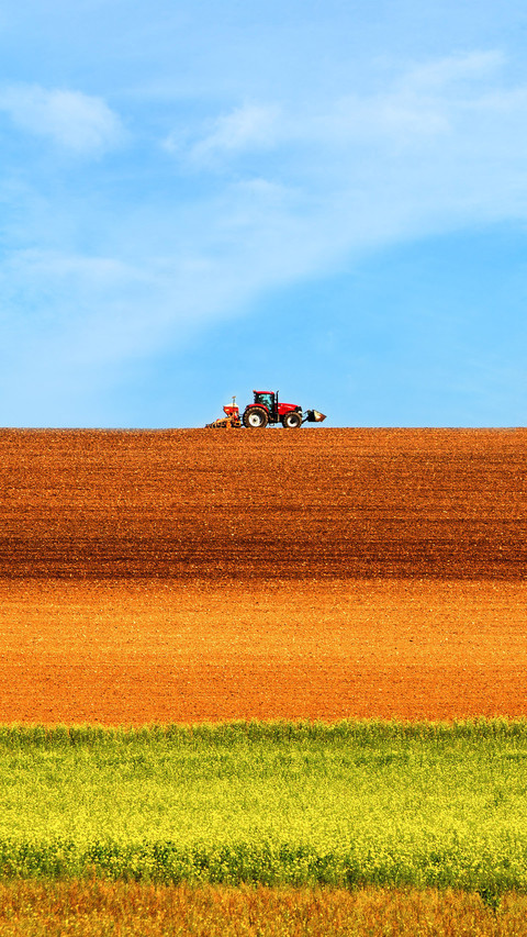 French tractors drive through fields with bright colors preview