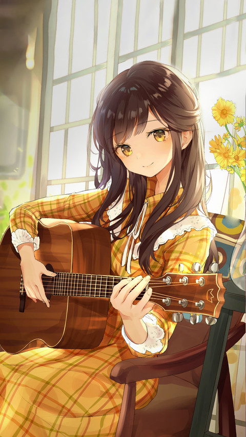 A Girl Playing the Guitar in Front of the Window preview