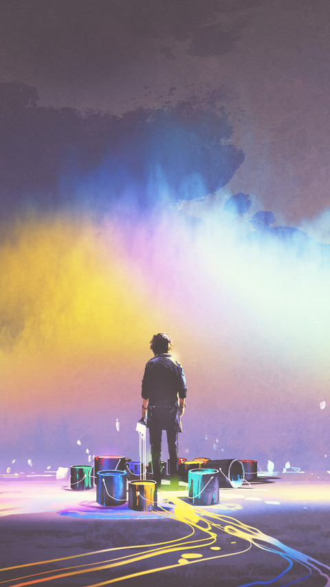Man with brush and paint buckets stands in front of colorful cloud preview
