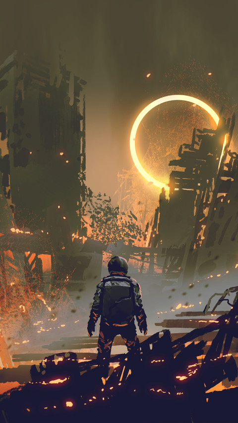 astronaut standing in a burnt city preview