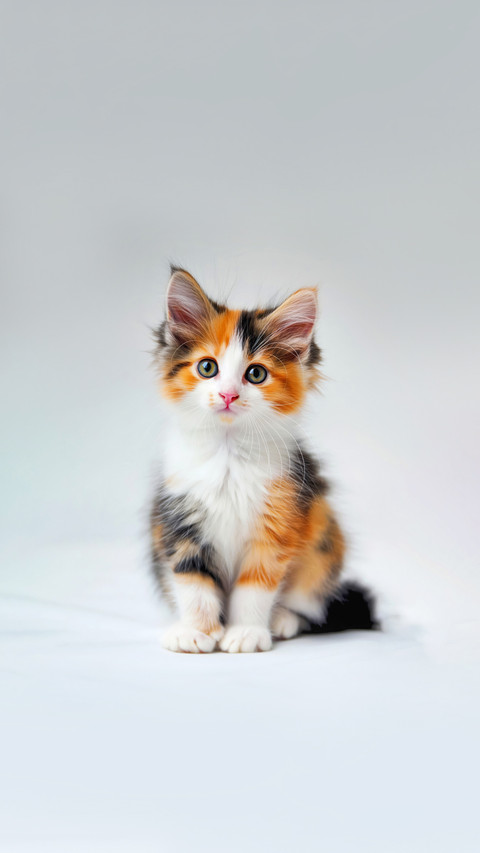 A cute calico kitten is sitting on a white surface preview