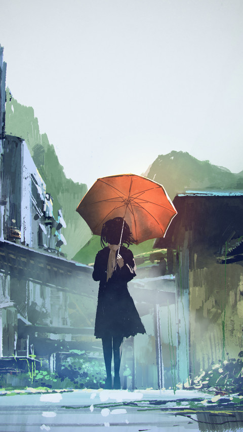 mysterious woman holds orange umbrella standing on street in abandoned city preview