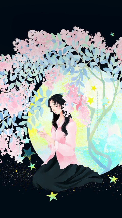 Girl Sitting Under A Tree Full of Flowers preview