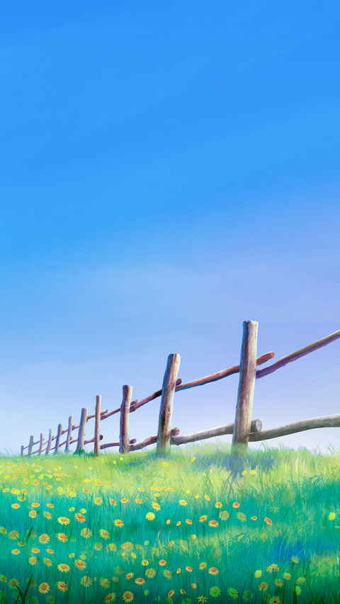 A wooden fence, green grass and a clear blue sky preview