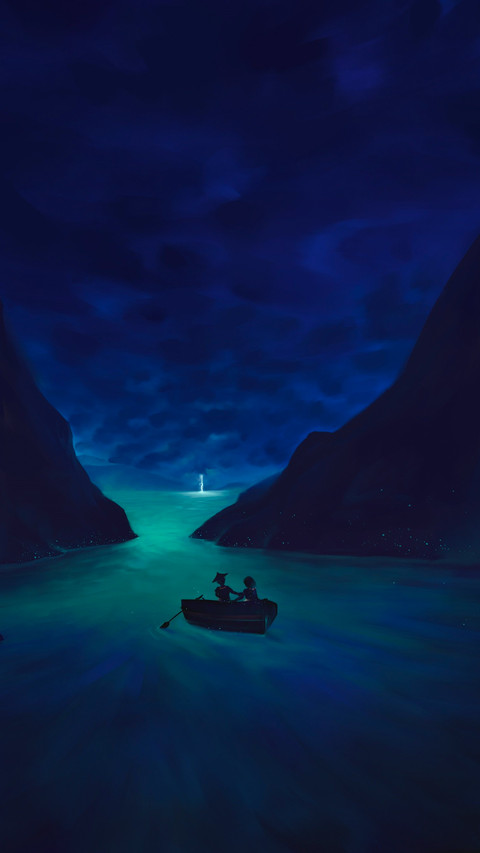 A small boat flanked by two cliffs in the green sea preview