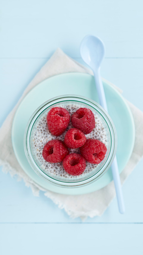 Chia pudding made of chia seeds with almond milk and preview
