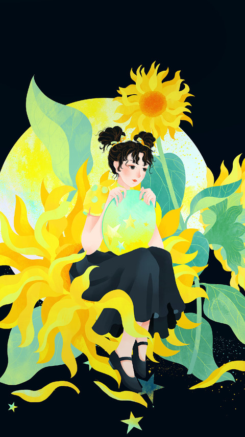 Girl Sitting Among Sunflowers preview