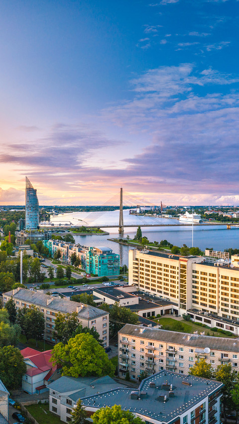 Riga city panorama with colorful sunset in the sky preview