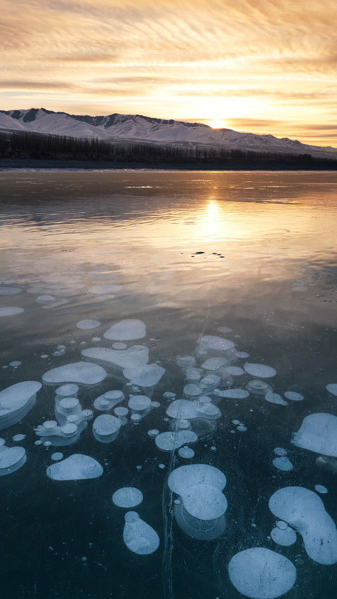 Ice bubbles are reflected in the setting sun preview