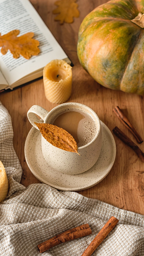 a mug of fragrant cocoa, wax candles, dry leaves preview