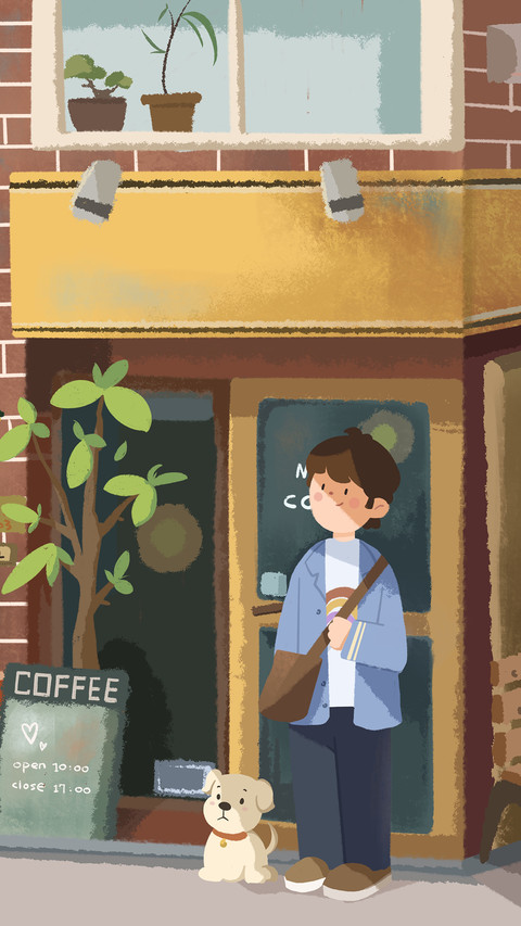 The Boy and the Dog Standing in Front of the Cafe preview