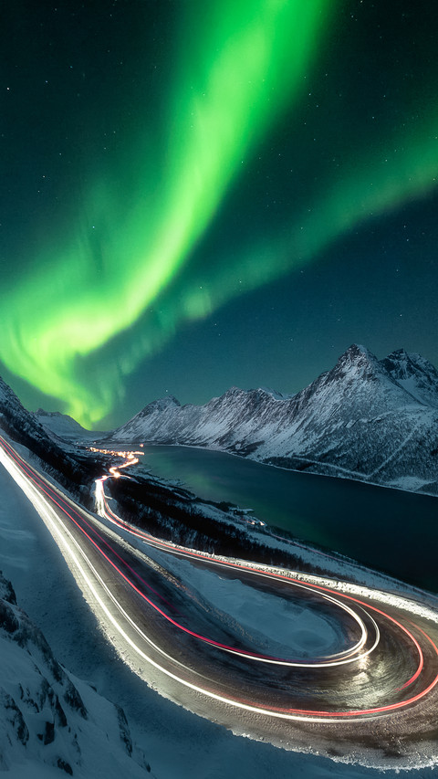 Aurora, starry sky, and snow mountains preview