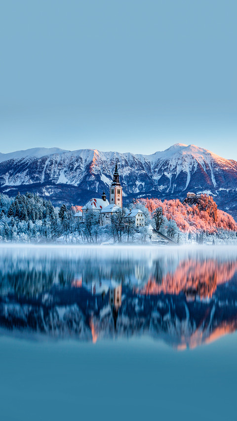 Beautiful lake Bled in Slovenia on a snowy winter morning preview