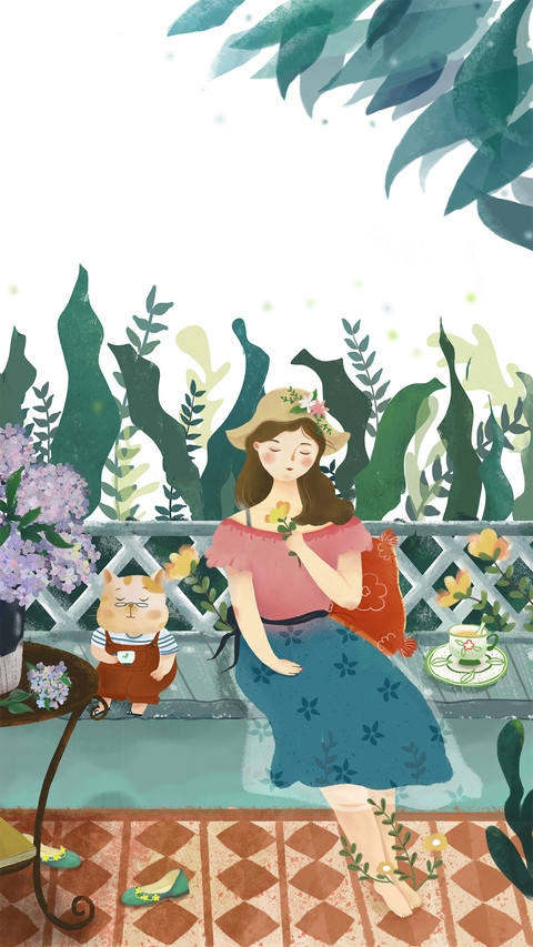 A Girl Drinks Tea in the Shade  to Enjoy the Cool with a Cat preview