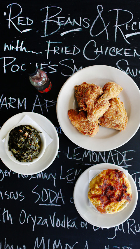 Fried chicken collard greens and mac and cheese preview