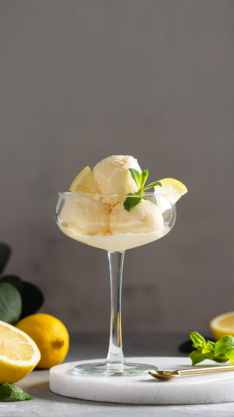 Lemon ice cream scoops with fresh citrus and mint in a glass preview