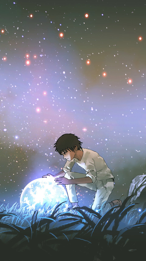 Young Man in White Looking down at the Glowing Little Planet preview