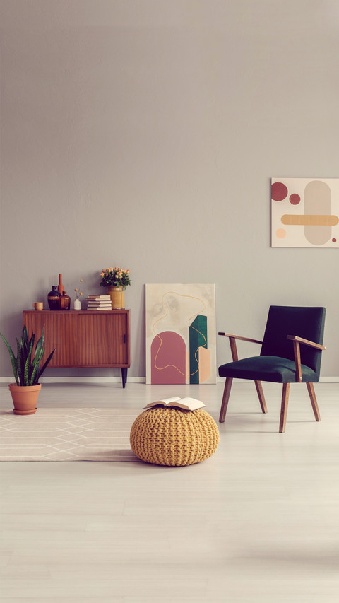 Mid century living room interior design with retro furniture preview
