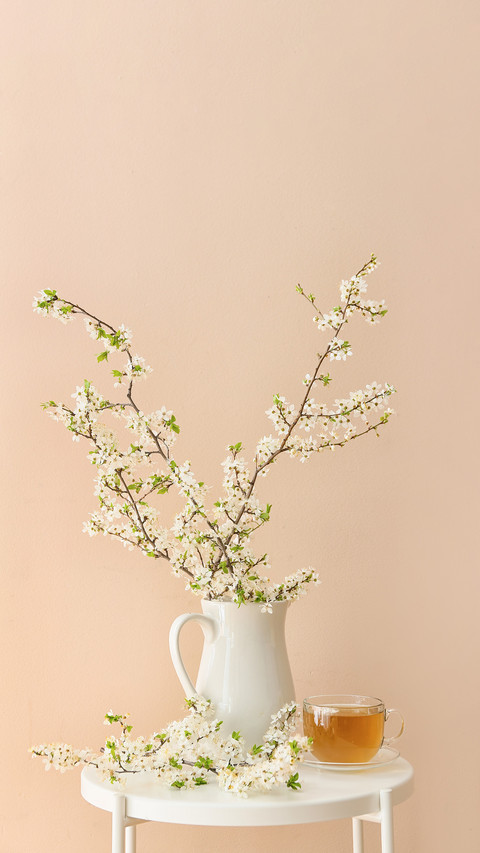 Cup of tasty tea and jug with blooming branches on table preview
