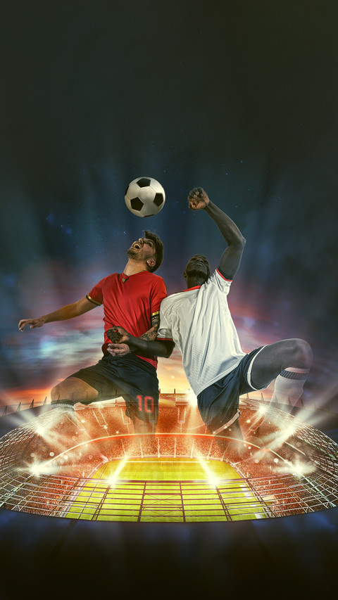 Game action with players above the soccer stadium preview