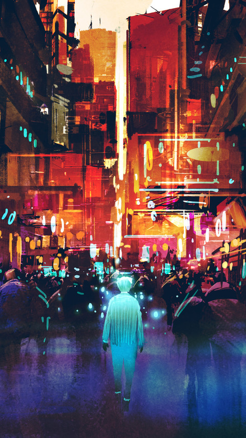 glowing blue man walking in futuristic city with colorful light preview