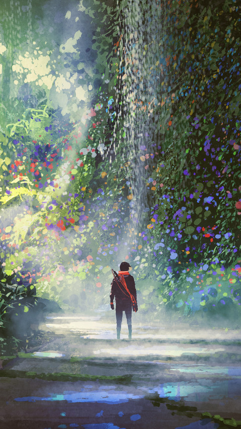 man walking in beautiful forest with digital art style preview