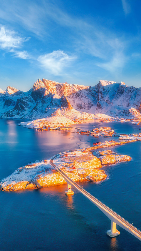 Panoramic Landscape with Blue Sea and Snowy Mountains preview